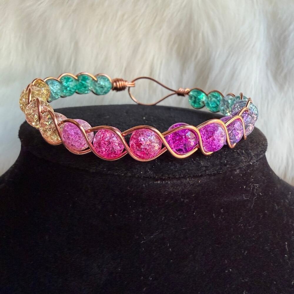 Cracked glass copper bracelet braided rainbow ombre